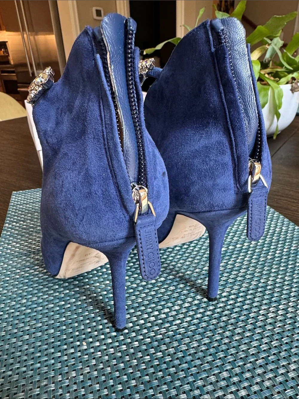 Jimmy Choo Blue Suede Stiletto Booties with Crystal Anklet